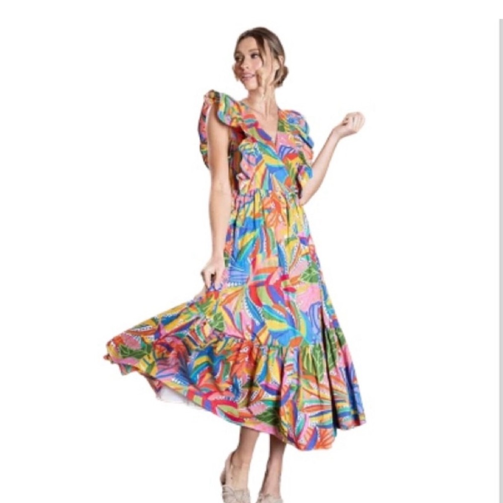 sugarlips botanical tropical print cotton poplin surplice dress